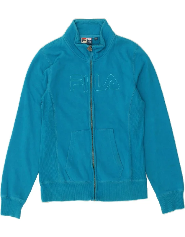 FILA Womens Graphic Tracksuit Top Jacket UK 12 Medium Blue Cotton Denim Fabric Leather Fabric Suede Fabric