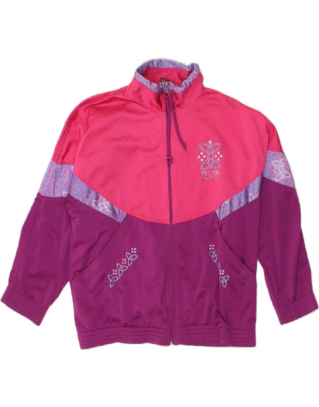 LOTTO Womens Tracksuit Top Jacket UK 14 Medium Pink Colourblock Zip Front Button Front Snap Front