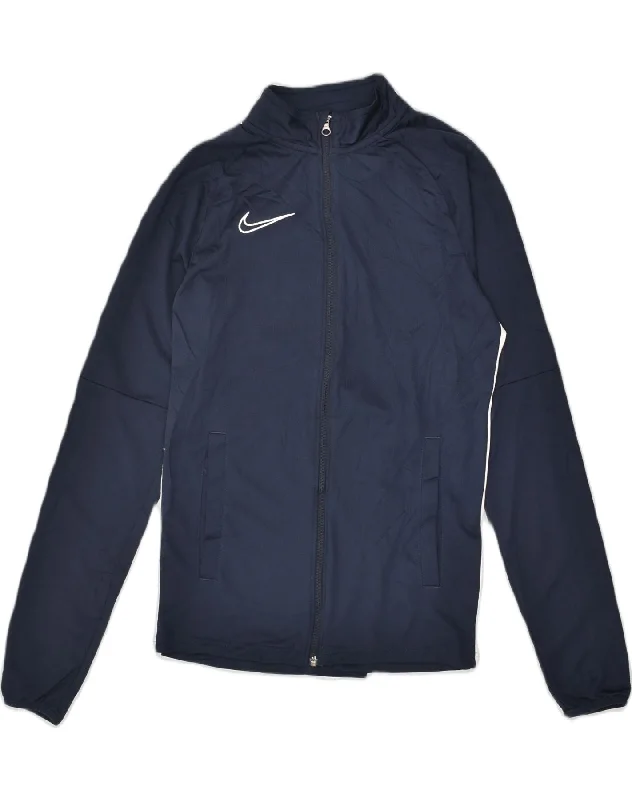 NIKE Womens Dri Fit Tracksuit Top Jacket UK 10 Small Navy Blue Polyester Denim Fabric Leather Fabric Suede Fabric