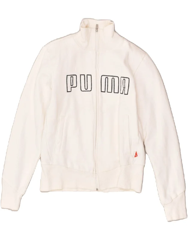 PUMA Womens Graphic Tracksuit Top Jacket UK 10 Small  White Cotton Cardigan Sweater Pullover