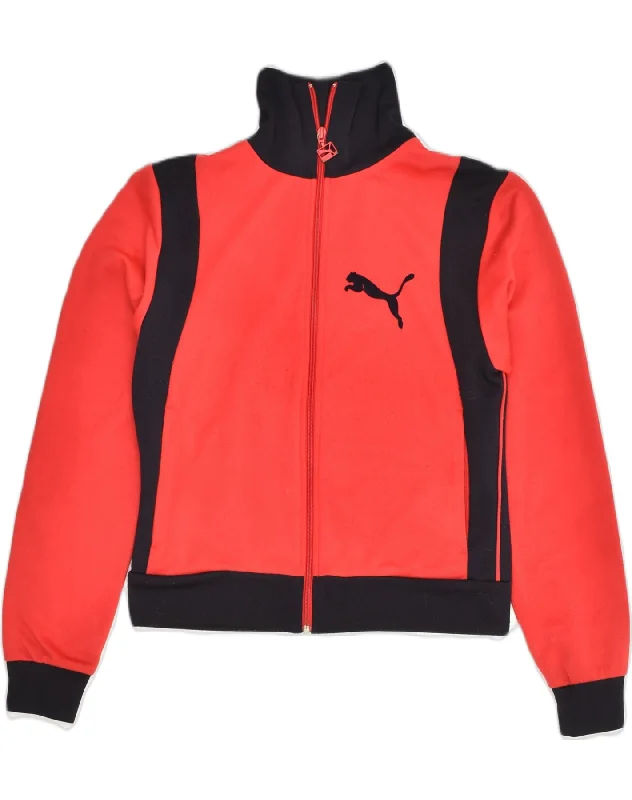 PUMA Womens Tracksuit Top Jacket UK 12 Medium Red Colourblock Polyester Notch Collar Peter Pan Collar Cowl Neck