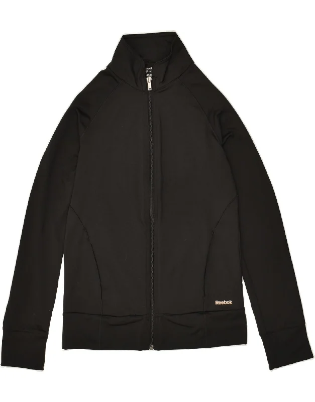 REEBOK Womens Tracksuit Top Jacket UK 6 XS Black Polyester Zip Front Button Front Snap Front