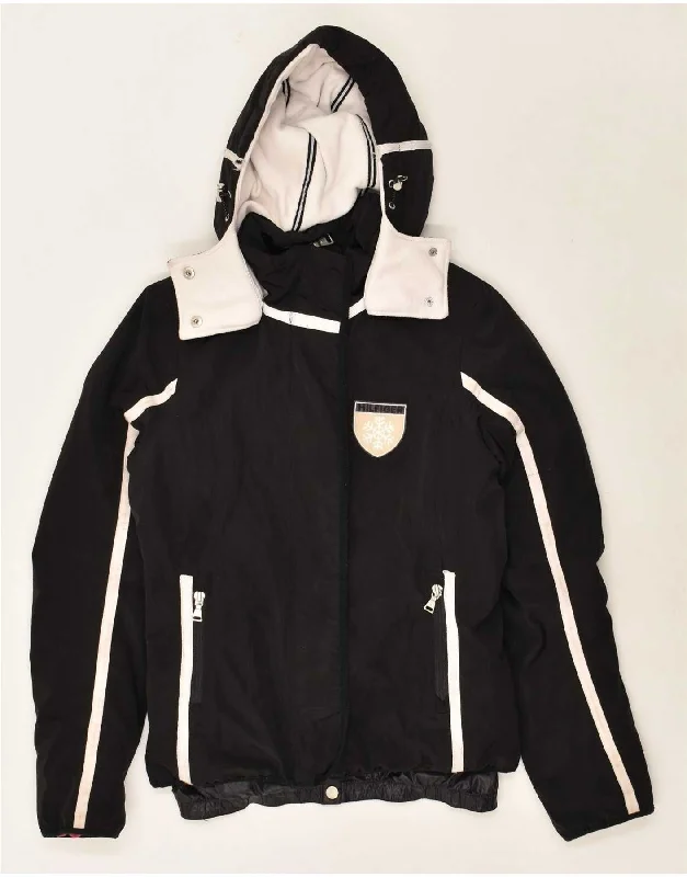 TOMMY HILFIGER Womens Hooded Ski Jacket UK 36 Small Black Colourblock Tailored Jacket Straight Jacket A-Line Jacket