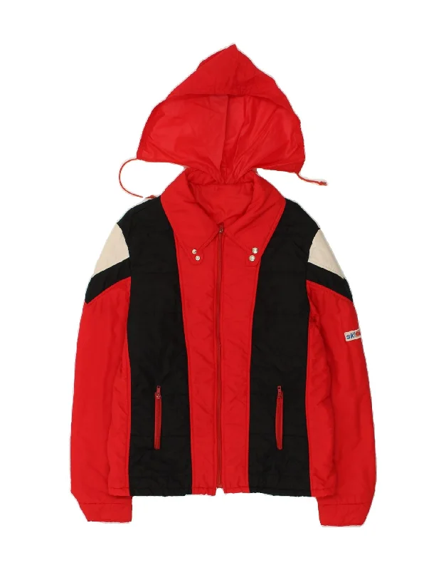 VINTAGE Womens Hooded Ski Jacket IT 52 2XL Red Polyamide Belted Jacket Elasticated Jacket Padded Jacket