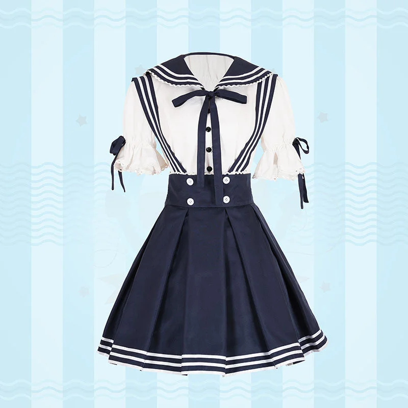 Sailor Lolita Costume Blue Short Sleeved Shirt And Pleated Jumper Skirt floral skirt print