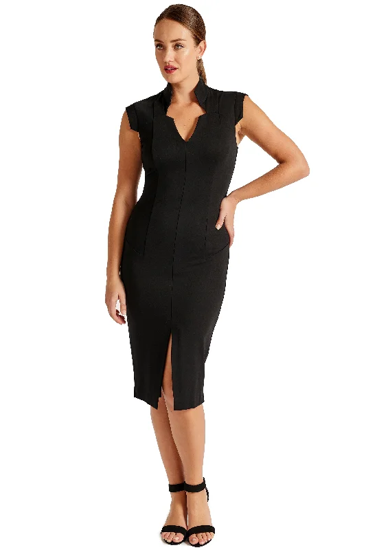 Adeline Sheath -  Notch neck sheath with high collar, front slit skirt and seam detail (black) silk skirt smooth