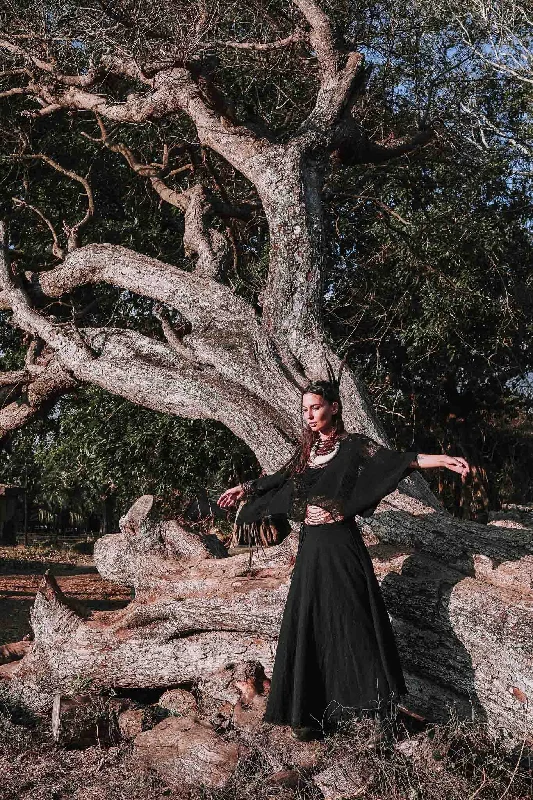 Black Handwoven Linen Wrap Gypsy Maxi Skirt modal blend skirt