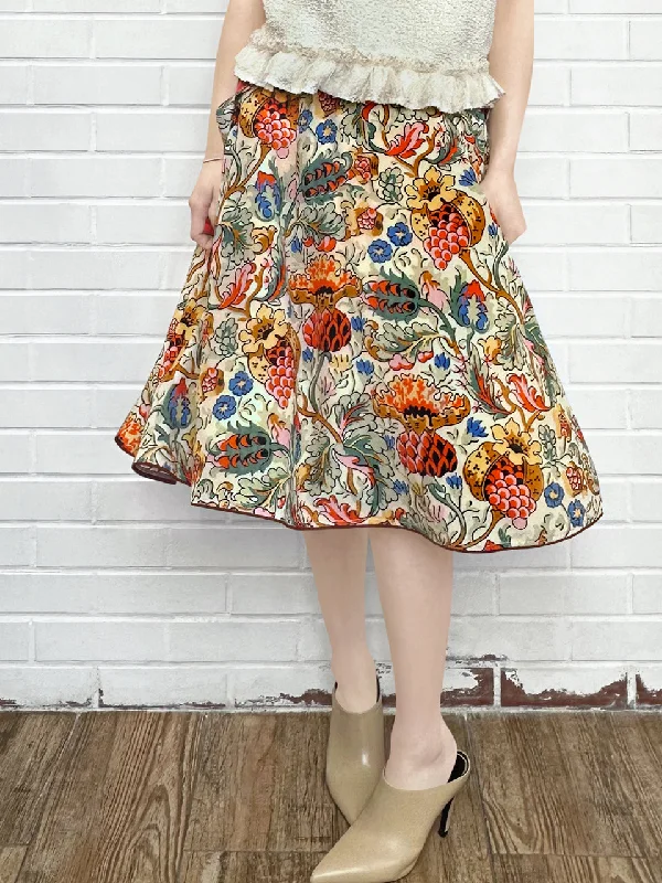 Botanical Vine Contrast Piping Scalloped Detail Silky Skirt vintage skirt charm