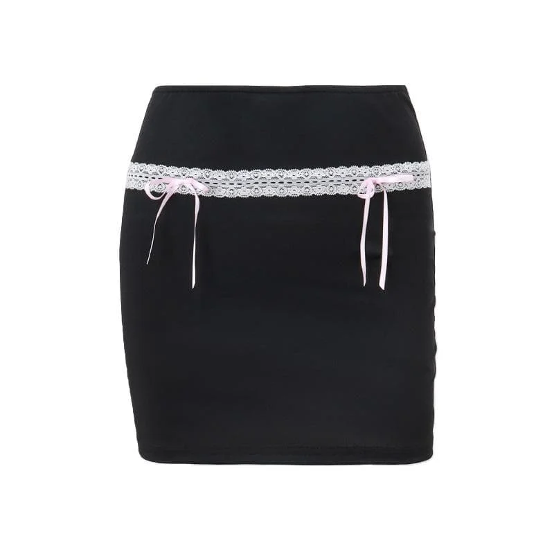Bowknot lace hem ribbon A line contrast mini skirt denim skirt classic