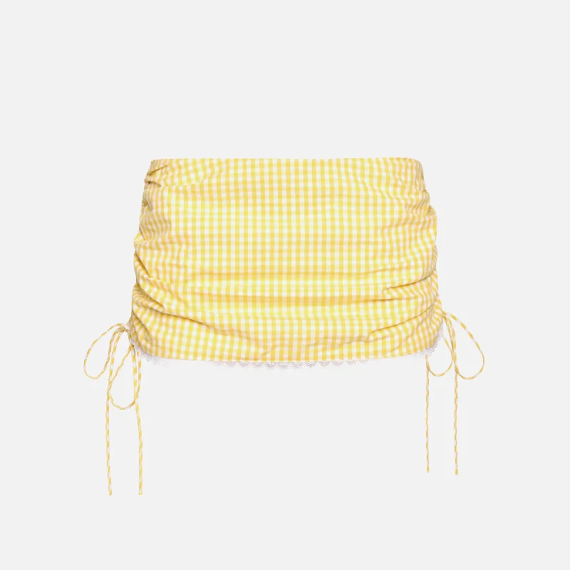 GUIZIO Gingham Ruched Side Tie Mini Skirt - Limonchello elastic waist skirt