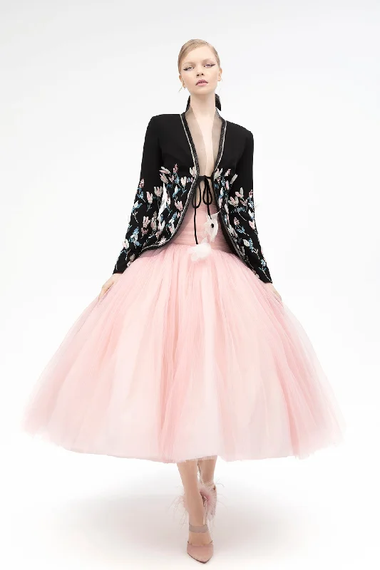 Embroidered jacket with pleated tulle skirt ruffled skirt detail