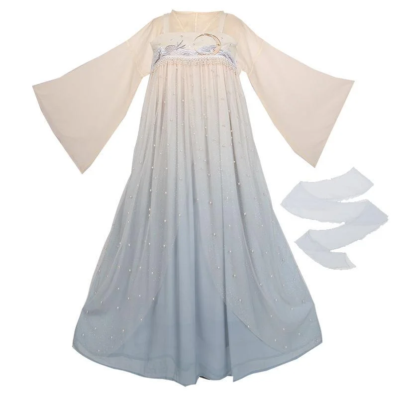 Hanfu Female Full Chest Skirt Super Fairy and Elegant Original Design Pearl Embroidery Three-piece Summer linen skirt relaxed