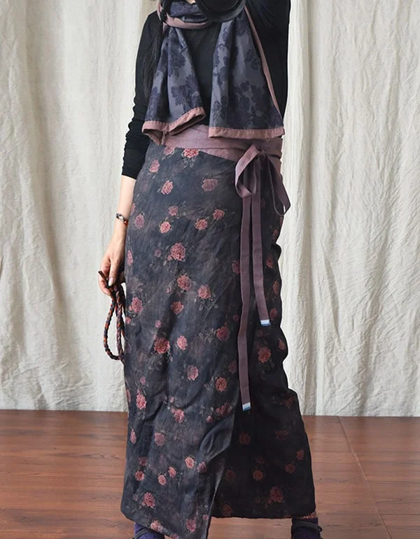 High Waist Retro Printed Linen Wrap Lace Floral Skirt pencil skirt chic