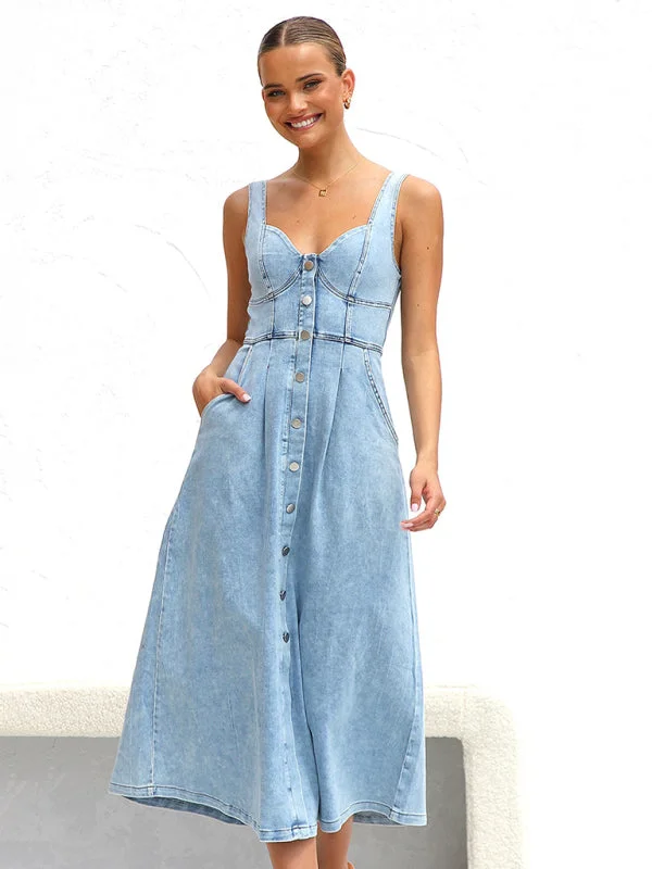 Light blue denim buttoned suspender midi skirt denim skirt fashionable