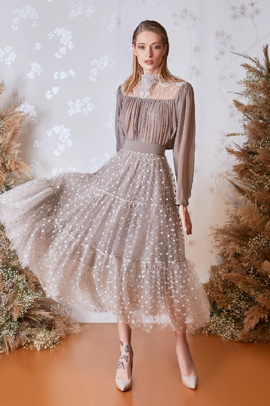 Long sleeves pleated chiffon top with flowy skirt lace skirt delicate