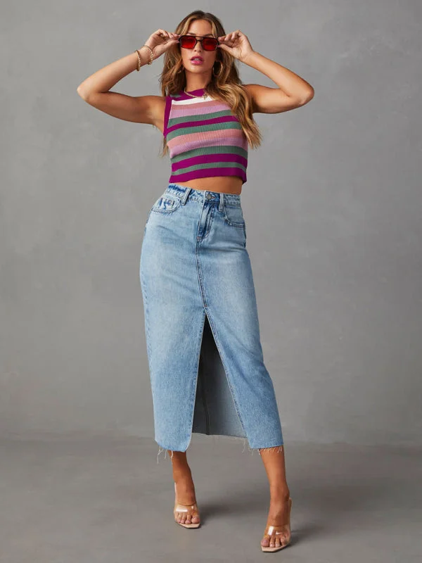 New front slit denim high waist a line mid length skirt cotton skirt soft