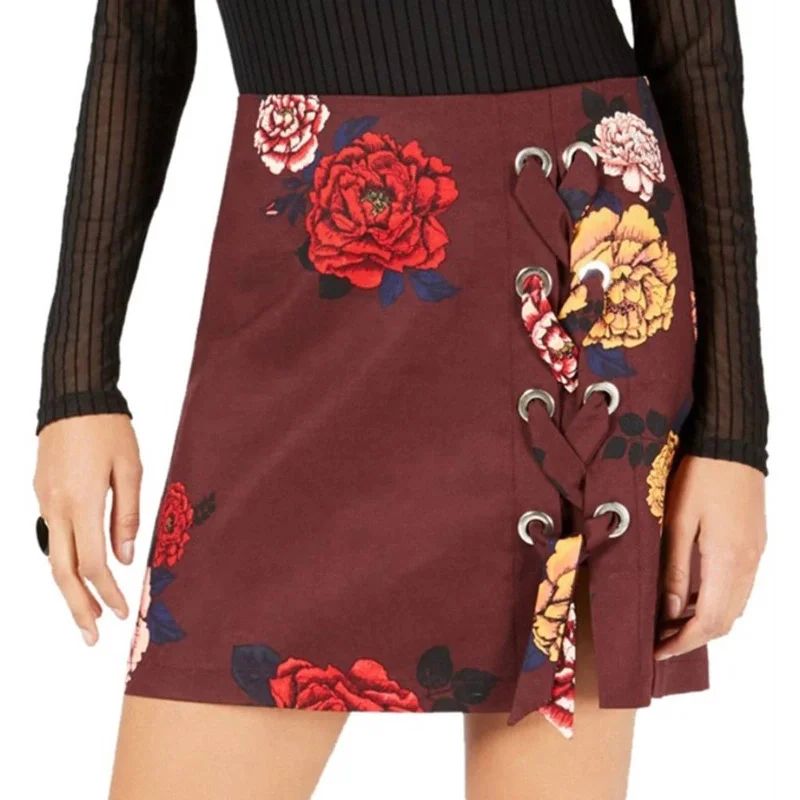 Project 28 NYC Ladies Wine Red Floral Print Mini Skirt w/ Lace Up Accent athletic skirt fit