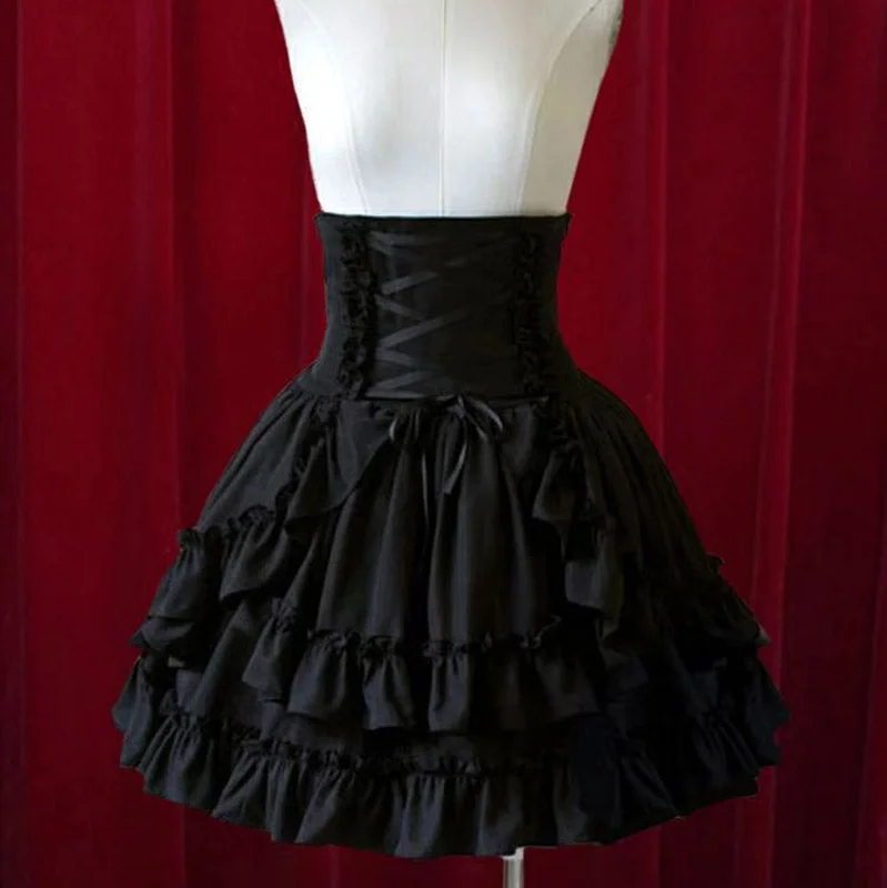 Pure Black Layered Ruffles High Waist Gothic Lolita Short Skirt leather skirt sleek