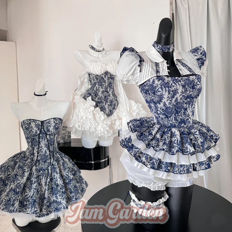 POSHEPOSE Retro Blooming Print Coat Suspenders Mesh Tutu Skirt Three-Piece Set boho skirt vibe