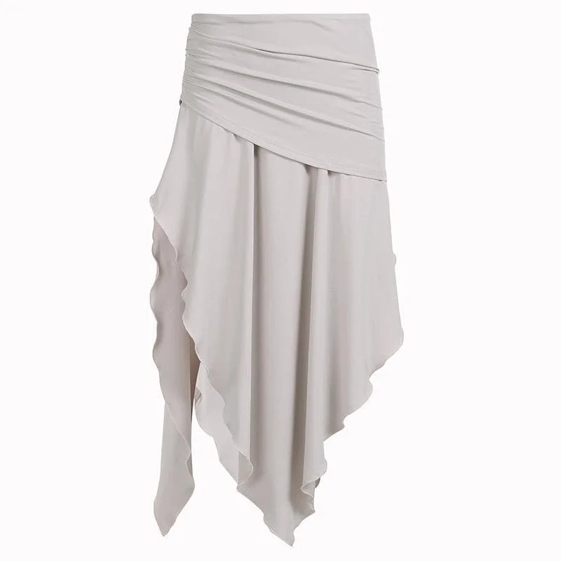 Ruched irregular ruffle slit solid high rise midi skirt silk skirt lustrous
