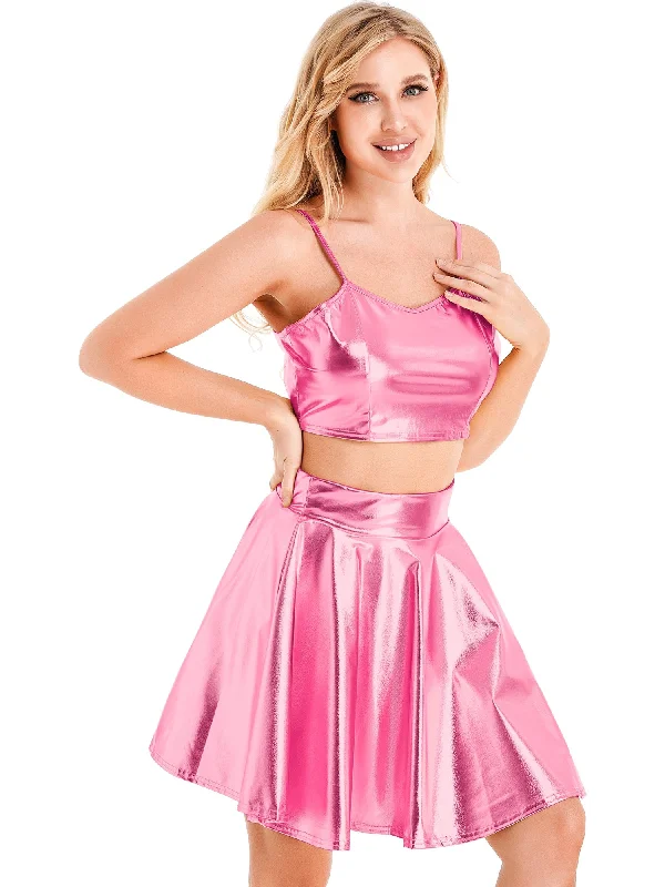 Sissy Pink Metallic Shiny Skirt Set breathable skirt fabric