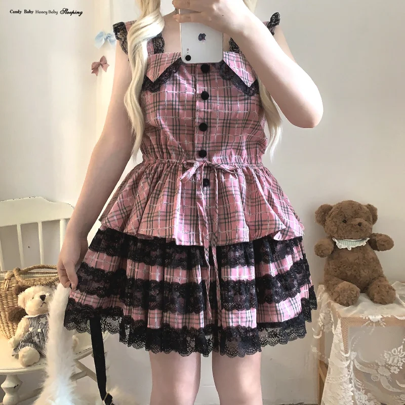 sleepingdoll Plaid Dark Abyssin Lace Suspender Skirt Set velvet skirt luxurious