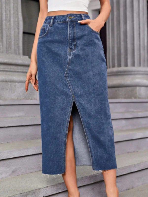 Slit Midi Denim Skirt with Pockets wool skirt thick