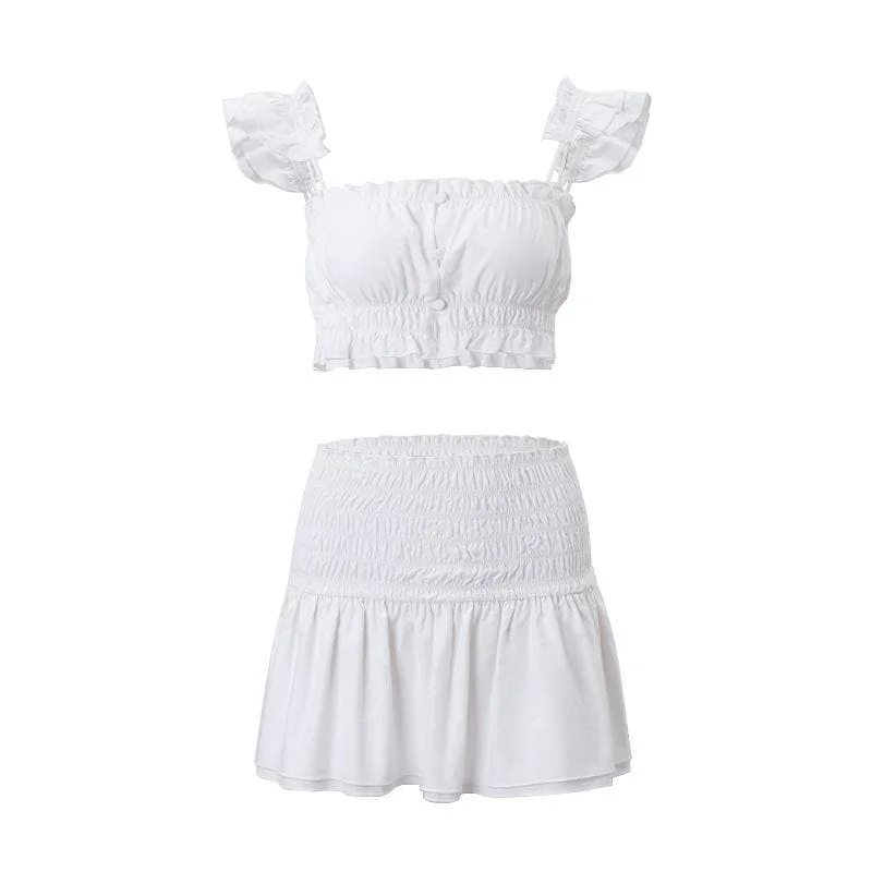 Smocked solid cap sleeve ruffle button mini skirt set velvet skirt plush