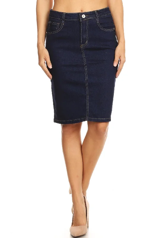 Solid Denim Skirt Knee Length zip skirt side