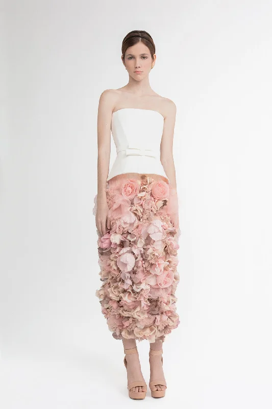 Strapless gown with floral skirt chiffon skirt flowing