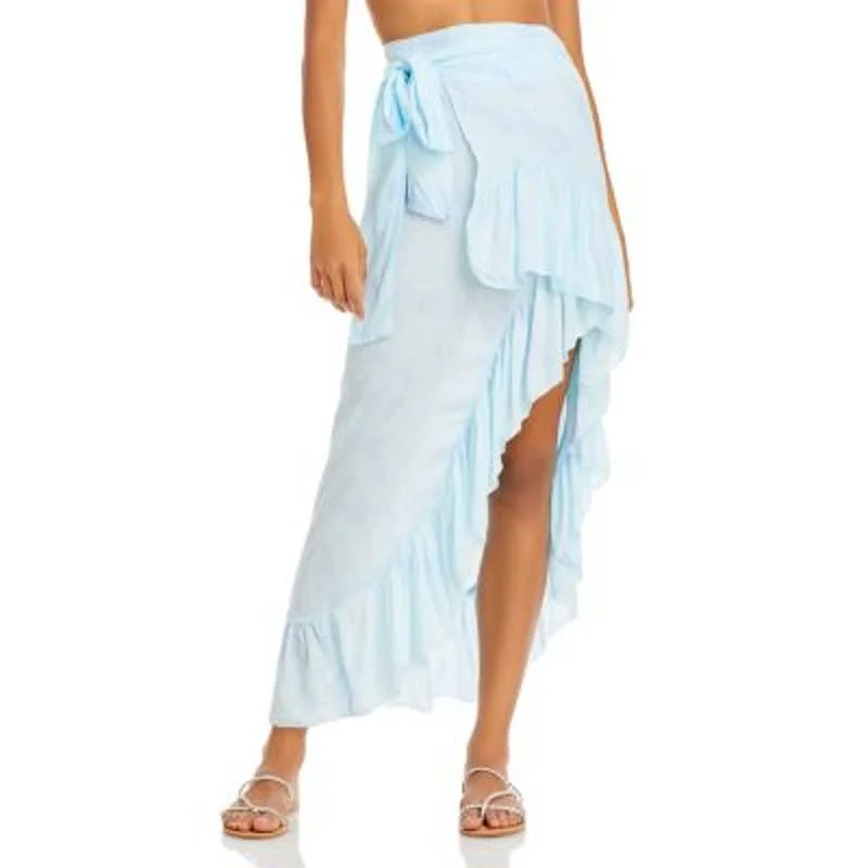 Tiare Hawaii Ladies Pale BlueTie Dye Tulip Wrap Skirt w/ Ruffle Hem, OS! leather skirt sleek