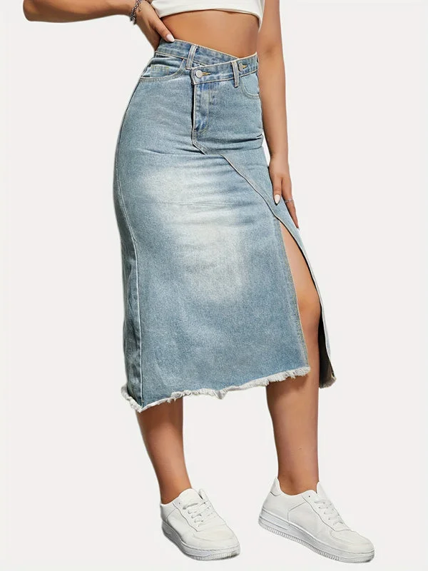 Versatile American retro denim fashionable slit splicing mid-length a-line skirt silk skirt smooth