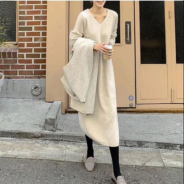 Autumn and Winter Long Sweater Skirt Over The Knee All-match Women's Pullover Long Sleeve Loose Large Size Sweater flowy skirt hem