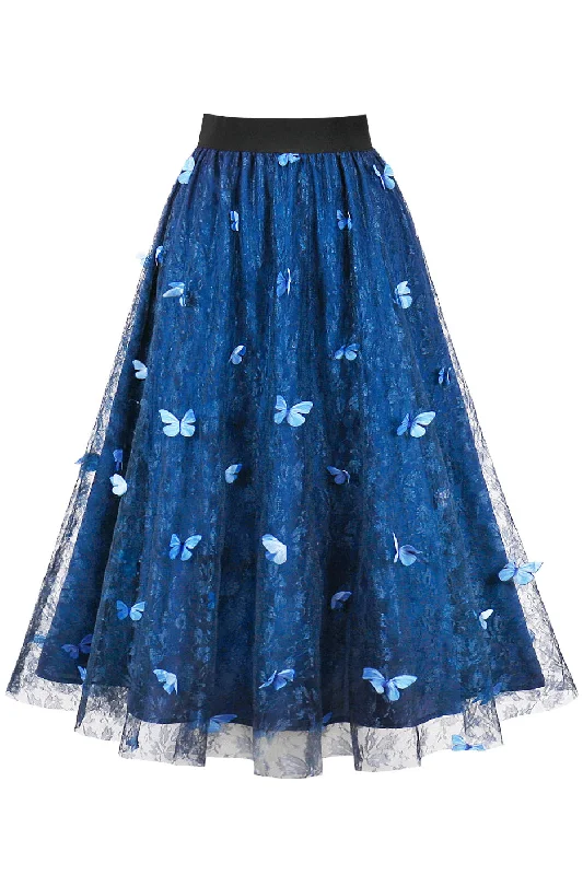 Blue A-line Butterfly Skirt elastic waist skirt