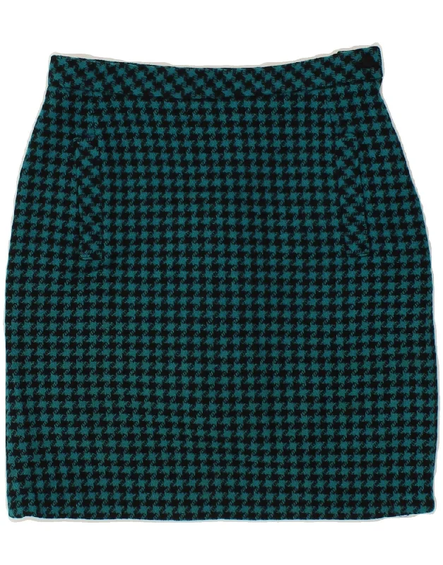 DERETA Womens Pencil Skirt UK 12 Medium W28  Green Houndstooth Wool silk skirt luxurious