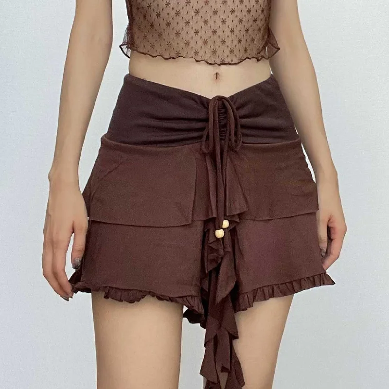 Drawstring ruffle patchwork A line mini skirt velvet skirt plush