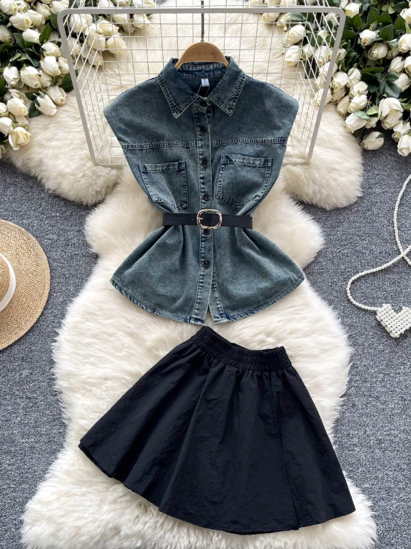 Effortless Style Denim Top Black Skirt Set silk skirt smooth