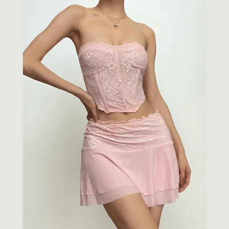 Corset lace patchwork tube ruffle low rise mini skirt set lace skirt romantic