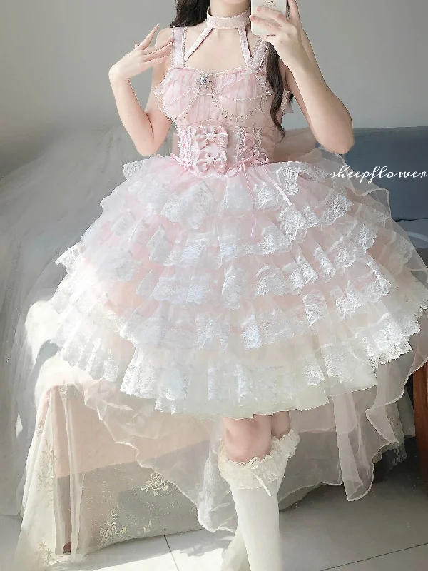 Lolita White Pink Layered Cake Skirt Cute And Sweet midi skirt versatile