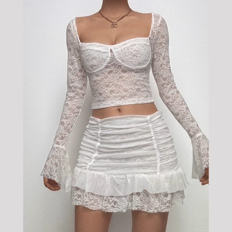 Long flared sleeve ruched lace sweetheart neck solid mini skirt set cashmere skirt rich