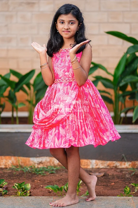 Girls Pink Silk Sleeveless Party Frock with Leaf Motif and Pleated Skirt ruffled skirt detail