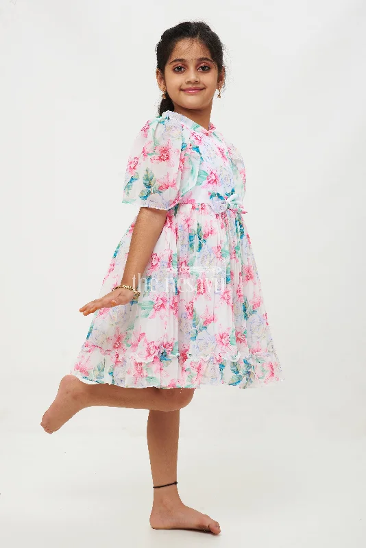 Pink Floral Georgette Printed Frock with Pleated Skirt and Puff Sleeves for Girls leather skirt sleek