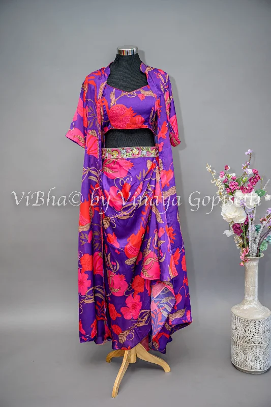 Purple And Pink Floral Print Cowl Skirt With Detachable Cape denim skirt fashionable