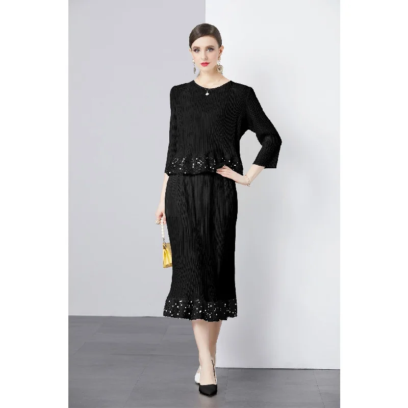 Three-quarter Sleeve Round Neck Solid Color Top Pleated Skirt Sequins asymmetrical skirt cut