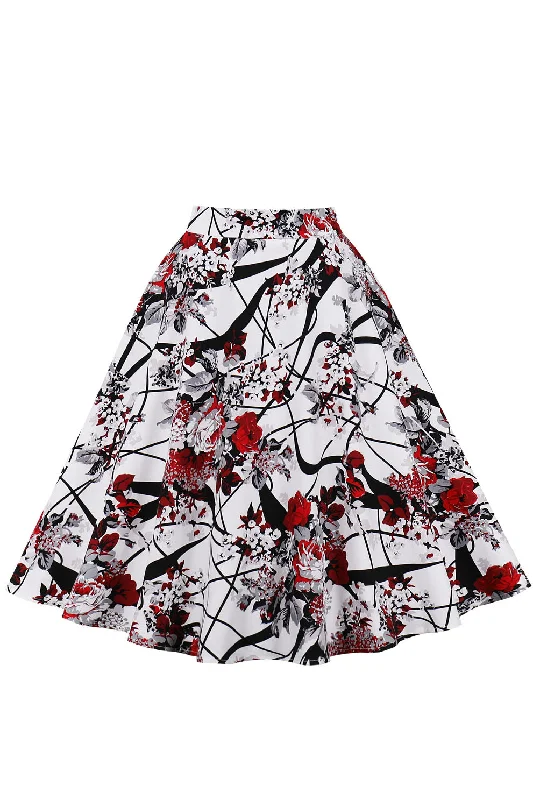 White A-line Short Skirt with Red Floral zip skirt side